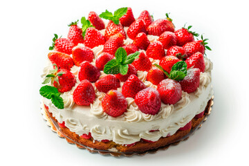 Wall Mural - Tasty cake with fresh strawberries,cream and mint isolated on white background