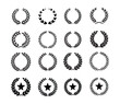 vector set of black and white silhouette circular laurel foliate and wheat wreaths depicting an award achievement
