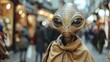 © Maelgoa - Cinematic image of an amiable alien wandering through the charming streets of Covent Garden in London, with quaint shops and bustling crowds softly blurred in the background 03