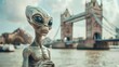 Cinematic photo of a friendly extraterrestrial enjoying a peaceful boat ride along the River Thames in London, with iconic landmarks like the Tower Bridge softly blurred in the background 01
