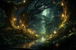 Enchanted Forest Cityscape Illustration with Magical Lights