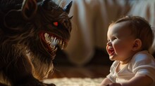 A Smiling Baby Comes Face To Face With A Frightening Monster 01