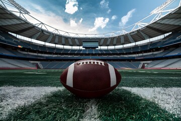 Wall Mural - Wide angle view American football stadium with ball on ground photo, portraying sports venue
