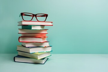 World book day stack of books with glasses on mint background, celebrating the joy of reading and literature