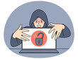 Hacker in hood touching open laptop with padlock symbol on screen steal secure information. Concept of cybersecurity and password and data leakage. Vector illustration.