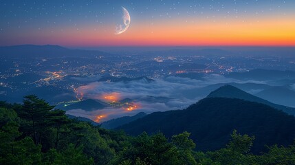 Wall Mural - from a lofty vantage point on a mountain peak, gaze upon a city in the distance, bathed in night's t