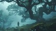 A solitary traveler trekking through a misty forest, the ancient trees shrouded in fog creating an ethereal atmosphere,