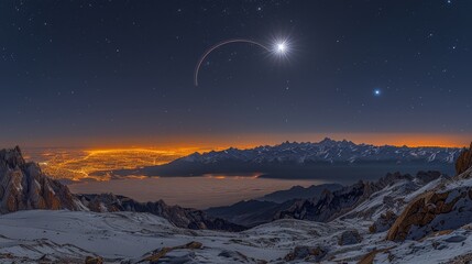 Sticker -   A nighttime scene of a mountain range with moon overhead and a brilliant star shining in the sky