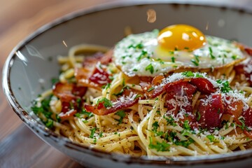 Wall Mural - Delicious Carbonara Pasta with Egg on Top