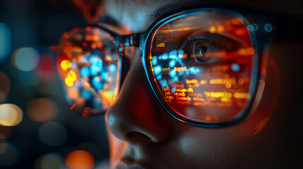 Computer, code hologram and man thinking of data analysis, night cybersecurity and software coding overlay. Programmer or person in glasses reading html script, programming or cybersecurity research.