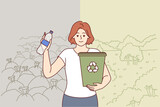 Fototapeta Kwiaty - Woman ecologist calls for separate collection garbage and recycling of plastic bottles, holds bucket in hand. Girl ecologist dreams of closing garbage dump and restoring parks with beautiful nature.