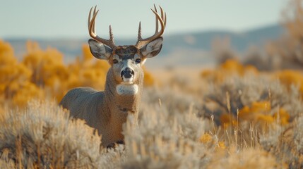 Wall Mural - a deer's face, nestled in a sea of tall grass, adorned with yellow flowers in the background