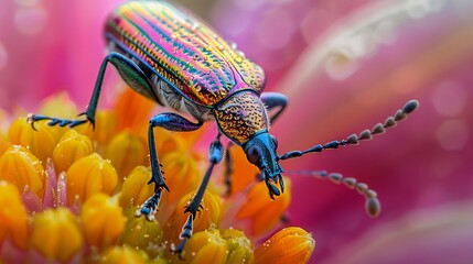 Wall Mural - Insects and Bugs: A macro close-up photo of a beetle perched on a flower petal