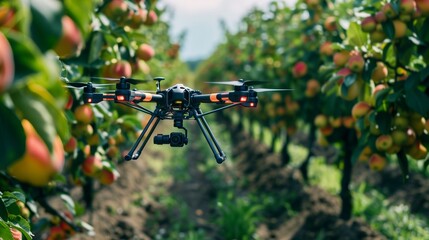 Wall Mural - An advanced robotic arm equipped with sensors and AI technology selectively picking ripe fruit from a tree in an orchard, showcasing precision and efficiency in modern smart agriculture practices.