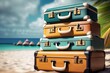 View of the seacoast with suitcases on the sandbeach. Summer travel and vacation concept