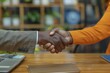 Closeup of two business people shaking hands over an office desk, concept for success Generative AI