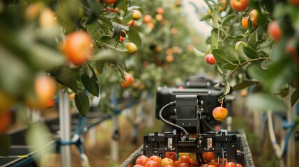 Wall Mural - An advanced robotic arm equipped with sensors and AI technology selectively picking ripe fruit from a tree in an orchard, showcasing precision and efficiency in modern smart agriculture practices.