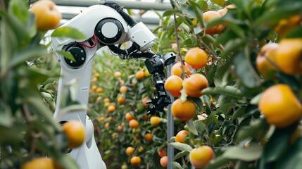 Wall Mural - An advanced robotic arm equipped with sensors and AI technology selectively picking ripe fruit from a tree in an orchard, showcasing precision and efficiency in modern smart agriculture practices.