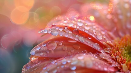 Wall Mural - Water Droplets: A macro close-up photo of water droplets clinging to the delicate petals of a flower