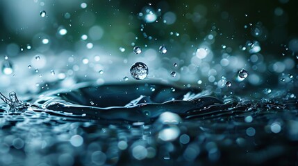 Wall Mural - Water Droplets: A macro close-up photo of water droplets suspended in mid-air