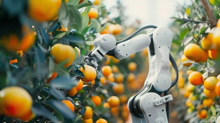 Wall Mural - An advanced robotic arm equipped with sensors and AI technology selectively picking ripe fruit from a tree in an orchard, showcasing precision and efficiency in modern smart agriculture practices.