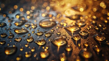 Wall Mural - Water Droplets: A macro close-up photo of water droplets on a metallic surface