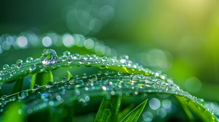 Wall Mural - Water Droplets: A macro close-up photo of water droplets on a blade of grass