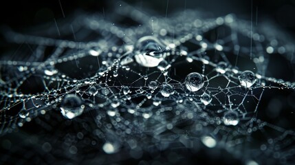 Wall Mural - Water Droplets: A macro close-up photo of water droplets on a spider web