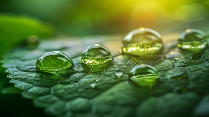 Wall Mural - Water Droplets: A macro close-up photo of water droplets glistening on a green leaf