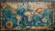 World Map: A photo of a world map poster, with highlighted travel routes and landmarks