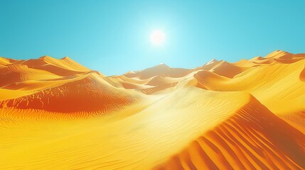 Poster -   A desert landscape features sand dunes and a brilliant sun overhead, against a backdrop of a bright blue sky