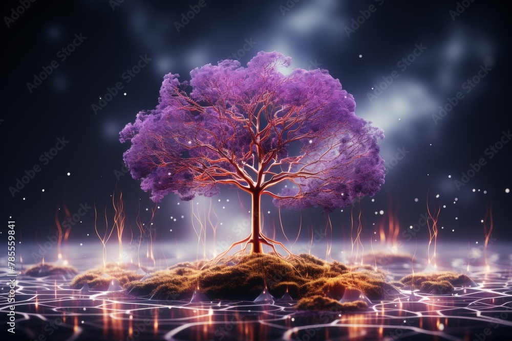Generative AI illustration of model of human brain tree with glowing ...