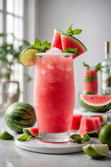 Wall Mural - Watermelon frozen Margarita cocktail with watermelon juice, lime and ice. Summer refreshing iced watermelon beverage, drink, juice or cocktail with ice.