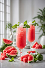 Wall Mural - Watermelon frozen Margarita cocktail with watermelon juice, lime and ice. Summer refreshing iced watermelon beverage, drink, juice or cocktail with ice.
