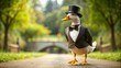 A duck wearing a top hat and a tuxedo