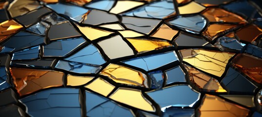 high-tech background with geometric glazed metalic figures of various shapes with blue, white, gold colors