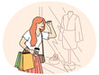 Smiling woman with bag look at showcase choosing dress. Happy female buyer look at window case buy clothes. Shopaholic and fashion. Vector illustration.