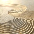 Zen garden with raked sand patterns, conceptual business balance theme, dawn, wide space for text at top.