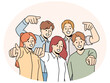 Group of smiling employees point at screen choose work candidate. Team of happy businesspeople choose you for employment or recruitment. Vector illustration.