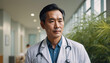A portrait of a middle-aged Chinese doctor in a white coat with a stethoscope around his neck. Healthcare professional in a modern clinic interior. A close-up of Asian male doctor working in hospital