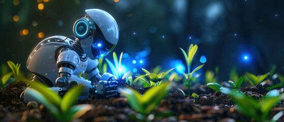 An AI robot planting digital seeds that sprout into glowing arrows, illustrating algorithmic growth in an AI garden
