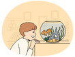 Smiling boy looking at golden fish in aquarium. Cute small child look at goldfish in tank. Hobby and childhood. Vector illustration.