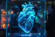 A high-resolution 3D heart model in a futuristic medical exhibit, with areas prone to APS complications illuminated in pulsating blue