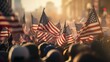 © useful pictures - Background blur of crowd at political rally in the United States holding signs and carrying US flags. Great image for upcoming election cycle in 2024 presidential campaigns. Copy space