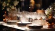 Close-up of a wedding reception buffet table set elegantly with dishware and fine linens, waiting for guests, presented in detailed 4k