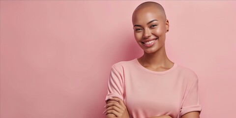 Poster - A woman with shaved head smiling against pink background.