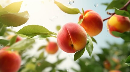 Close-up of falling juicy peaches with vibrant green leaves, featuring flying slices in a soft focus, isolated on white in stunning 4k