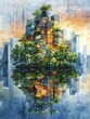 Corporate skyscrapers growing like plants from soil, symbolizing organic growth in business, twilight urban garden, watercolor painting.