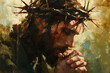 closeup impressionist painting of Jesus Christ with crown of thorns.
