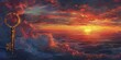 © Kanisorn - Oversized golden key unlocking a cloud, metaphor for unlocking potential in business, vibrant sunset background, watercolor painting.
